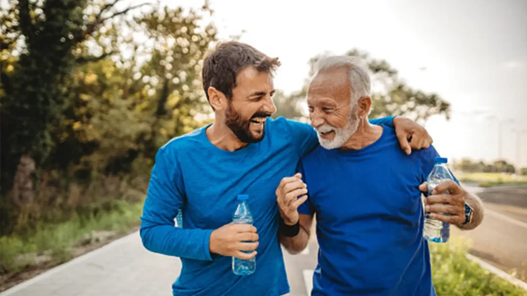 Two men walking and exercising